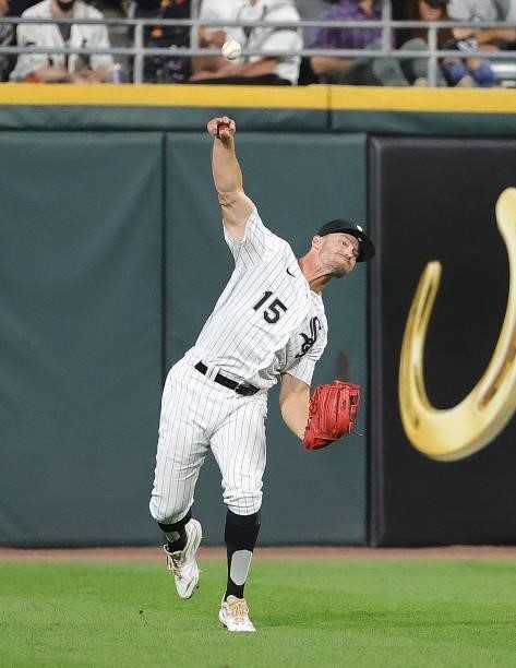 Adam Engel of the Chicago White Sox throws to the infield against the Kansas City Royals at Guaranteed Rate Field on August 03, 2021 in Chicago,...