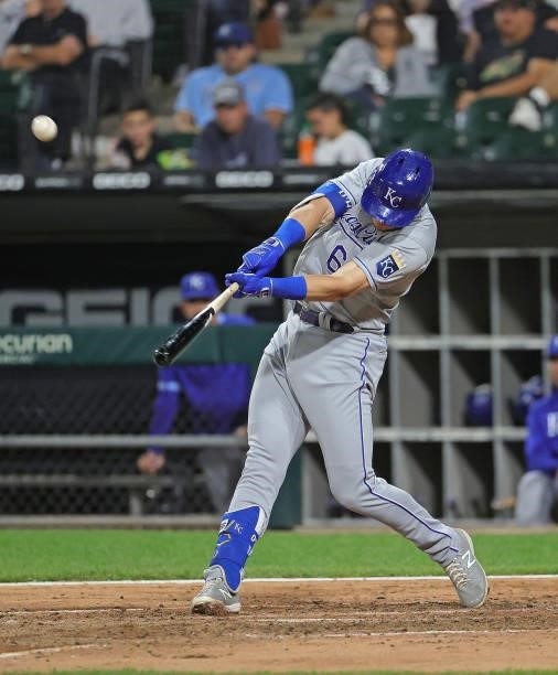 Ryan O'Hearn of the Kansas City Royals bats against the Chicago White Sox at Guaranteed Rate Field on August 03, 2021 in Chicago, Illinois. The White...