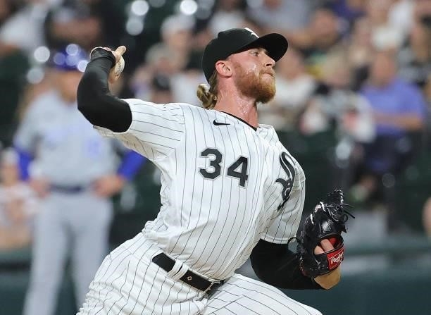 Michael Kopech of the Chicago White Sox pitches against the Kansas City Royals at Guaranteed Rate Field on August 03, 2021 in Chicago, Illinois. The...