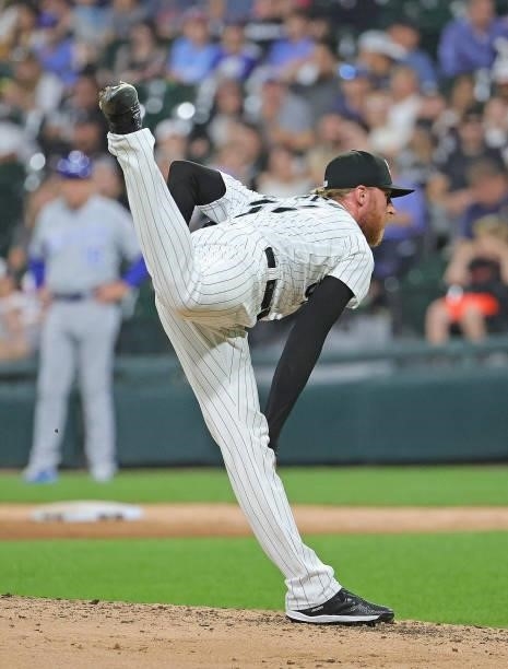 Michael Kopech of the Chicago White Sox pitches against the Kansas City Royals at Guaranteed Rate Field on August 03, 2021 in Chicago, Illinois. The...