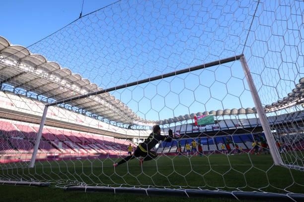 Guillermo Ochoa of Team Mexico saves a free kick during the Men's Football Semi-final match between Mexico and Brazil on day eleven of the Tokyo 2020...