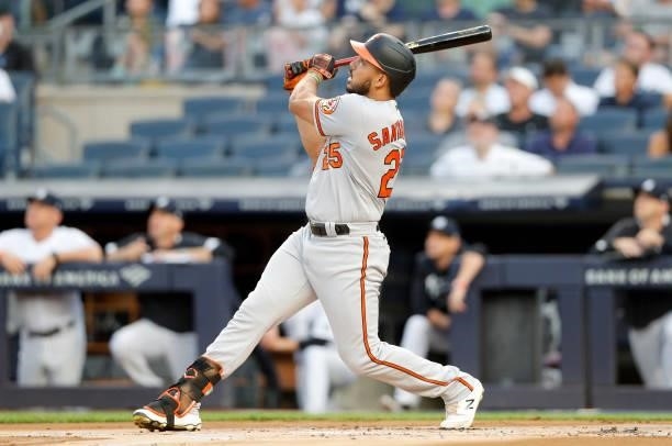 Anthony Santander of the Baltimore Orioles in action against the New York Yankees at Yankee Stadium on August 03, 2021 in New York City. The Yankees...