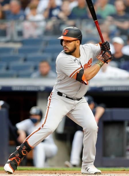 Anthony Santander of the Baltimore Orioles in action against the New York Yankees at Yankee Stadium on August 03, 2021 in New York City. The Yankees...