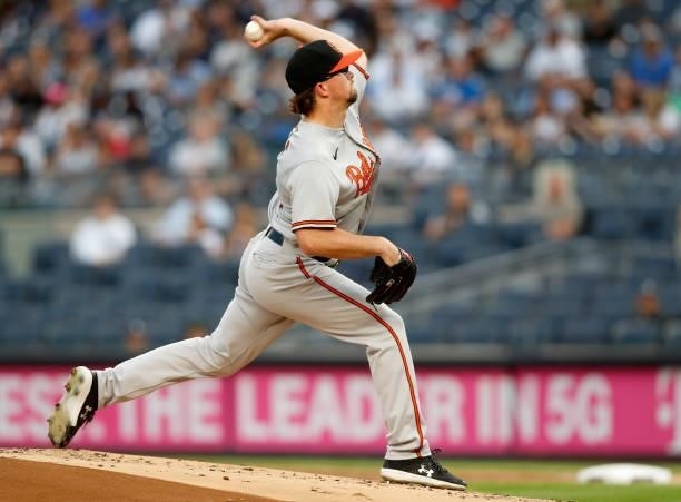 Alexander Wells of the Baltimore Orioles in action against the New York Yankees at Yankee Stadium on August 03, 2021 in New York City. The Yankees...