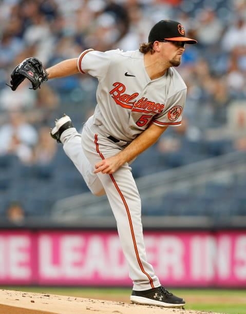 Alexander Wells of the Baltimore Orioles in action against the New York Yankees at Yankee Stadium on August 03, 2021 in New York City. The Yankees...