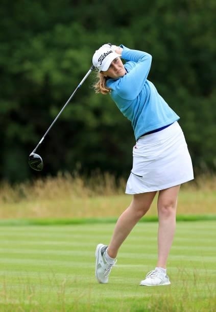 Abigail O'Riordan of England plays her tee shot on the fourth hole during the Rose Ladies Series at JCB Golf & Country Club on August 05, 2021 in...