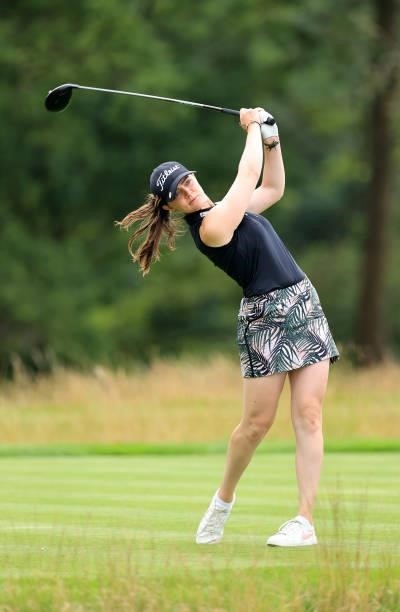 Keeley Chiericato of England plays her tee shot on the fourth hole during the Rose Ladies Series at JCB Golf & Country Club on August 05, 2021 in...