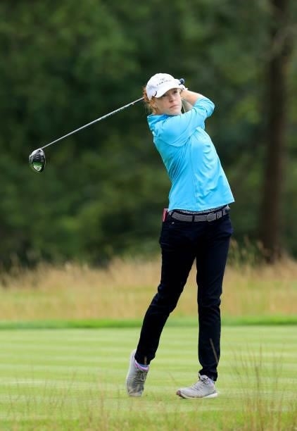 Hannah Ralph of England plays her tee shot on the fourth hole during the Rose Ladies Series at JCB Golf & Country Club on August 05, 2021 in...