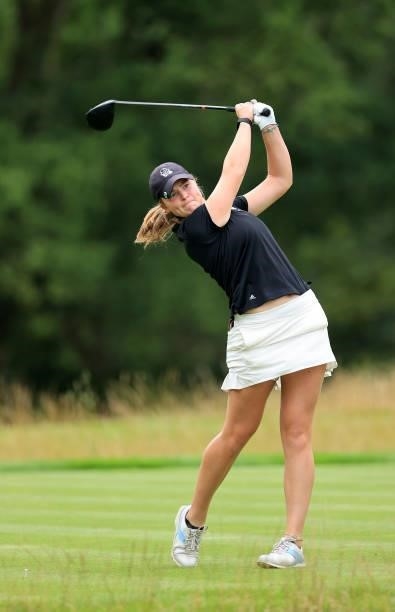 Euphemie Rhodes of England plays her tee shot on the fourth hole during the Rose Ladies Series at JCB Golf & Country Club on August 05, 2021 in...