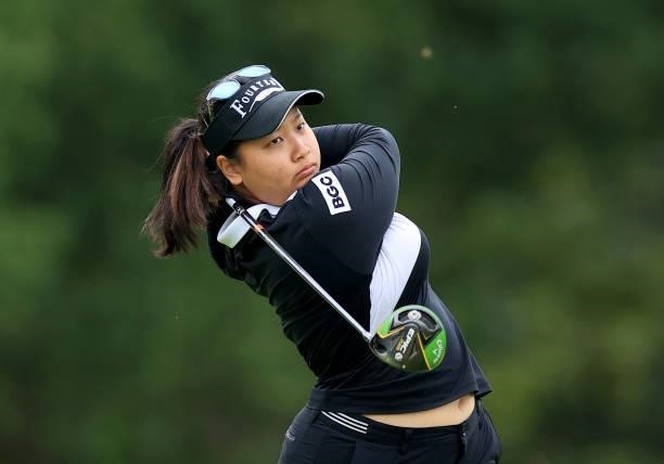 Channette Wannasaen of Thailand plays her tee shot on the fourth hole during the Rose Ladies Series at JCB Golf & Country Club on August 05, 2021 in...