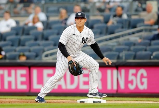 Anthony Rizzo of the New York Yankees in action against the Baltimore Orioles at Yankee Stadium on August 03, 2021 in New York City. The Yankees...