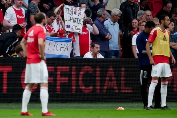 Fans of Ajax with a banner during the Pre-season Friendly match between Ajax and Leeds United at the Johan Cruijff ArenA on August 4, 2021 in...