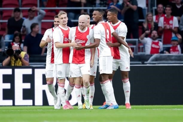 Davy Klaassen of Ajax celebrates with his team mates after scoring his sides first goal during the Pre-season Friendly match between Ajax and Leeds...