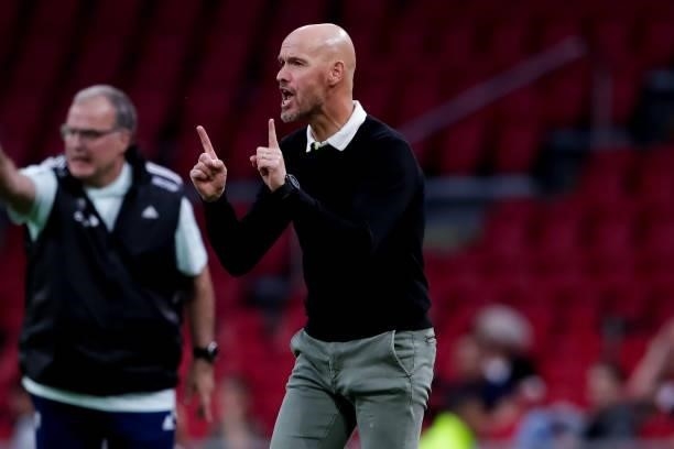 Coach Erik Ten Hag of Ajax during the Pre-season Friendly match between Ajax and Leeds United at the Johan Cruijff ArenA on August 4, 2021 in...
