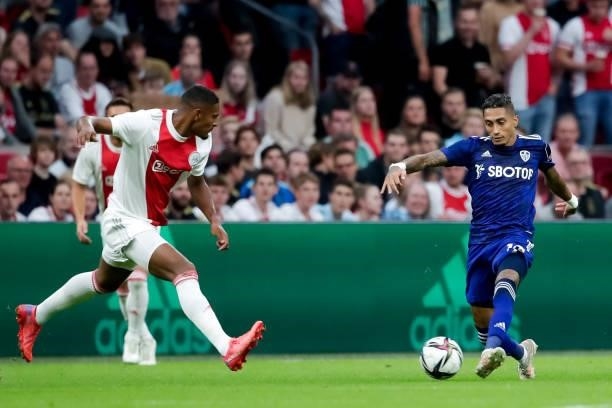 Sebastien Haller of Ajax and Raphinha of Leeds United during the Pre-season Friendly match between Ajax and Leeds United at the Johan Cruijff ArenA...