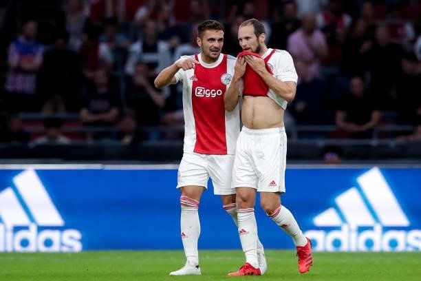 Dusan Tadic of Ajax and Daley Blind of Ajax during the Pre-season Friendly match between Ajax and Leeds United at the Johan Cruijff ArenA on August...
