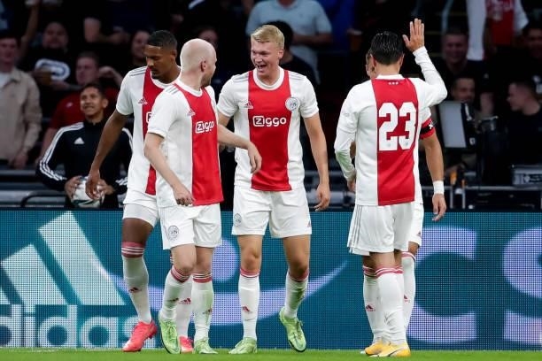 Perr Schuurs of Ajax celebrates with Davy Klaassen of Ajax after scoring his sides second goal during the Pre-season Friendly match between Ajax and...