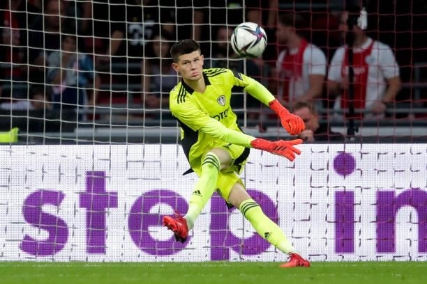 Illan Meslier of Leeds United during the Pre-season Friendly match between Ajax and Leeds United at the Johan Cruijff ArenA on August 4, 2021 in...