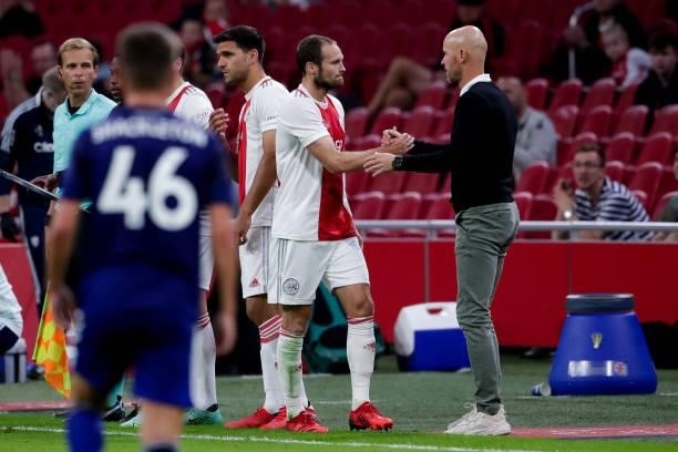 Daley Blind of Ajax and coach Erik Ten Hag of Ajax during the Pre-season Friendly match between Ajax and Leeds United at the Johan Cruijff ArenA on...