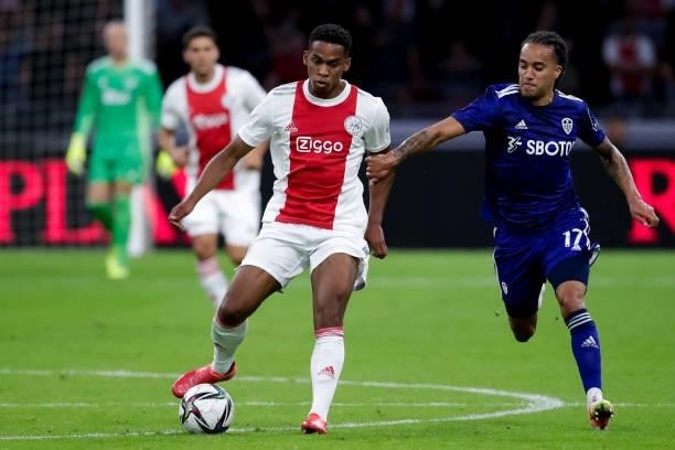 Jurrien Timber of Ajax and Helder Costa of Leeds United during the Pre-season Friendly match between Ajax and Leeds United at the Johan Cruijff ArenA...