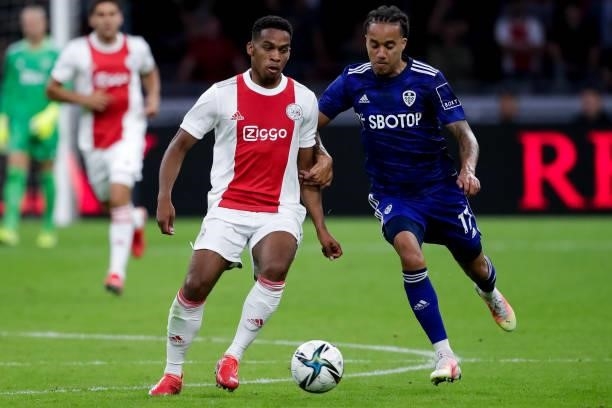 Jurrien Timber of Ajax and Helder Costa of Leeds United during the Pre-season Friendly match between Ajax and Leeds United at the Johan Cruijff ArenA...