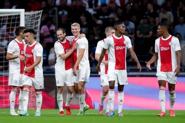 Daley Blind of Ajax celebrates his sides second goal with goalscorer Perr Schuurs of Ajax during the Pre-season Friendly match between Ajax and Leeds...