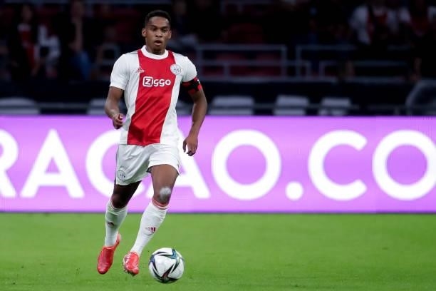 Jurrien Timber of Ajax during the Pre-season Friendly match between Ajax and Leeds United at the Johan Cruijff ArenA on August 4, 2021 in Amsterdam,...