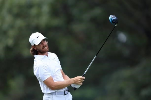 Tommy Fleetwood of England plays a shot on the seventh hole during the first round of the World Golf Championship-FedEx St Jude Invitational at TPC...