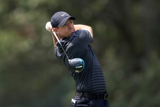 Rory McIlroy of Ireland plays a shot on the seventh hole during the first round of the World Golf Championship-FedEx St Jude Invitational at TPC...