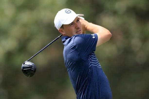 Jordan Spieth watches his shot on the seventh hole during the first round of the World Golf Championship-FedEx St Jude Invitational at TPC Southwind...