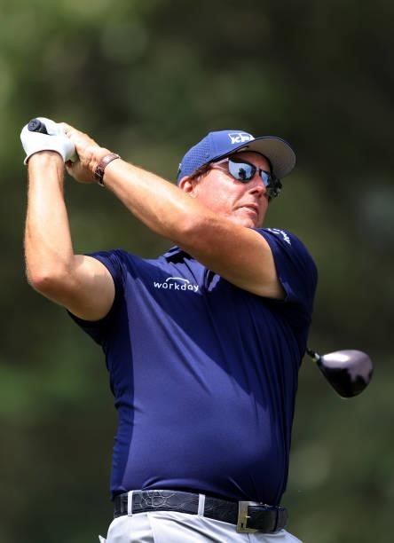 Phil Mickelson plays a shot on the seventh hole during the first round of the World Golf Championship-FedEx St Jude Invitational at TPC Southwind on...