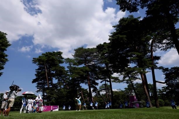 Mone Inami of Team Japan plays her shot from the 18th tee during the third round of the Women's Individual Stroke Play on day fourteen of the Tokyo...