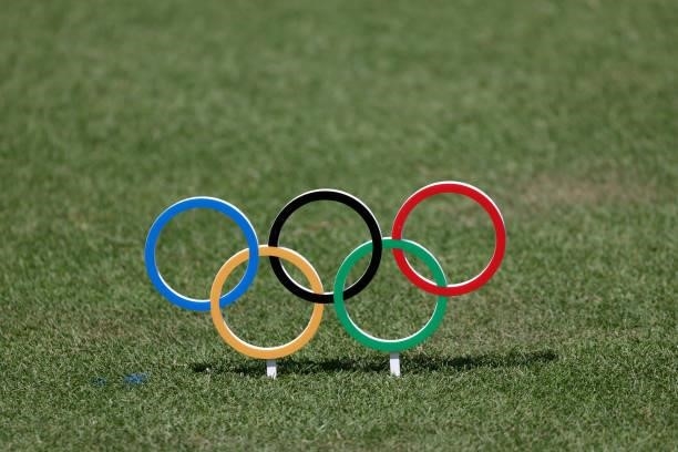 Detailed view of an Olympic ring tee marker is seen during the third round of the Women's Individual Stroke Play on day fourteen of the Tokyo 2020...