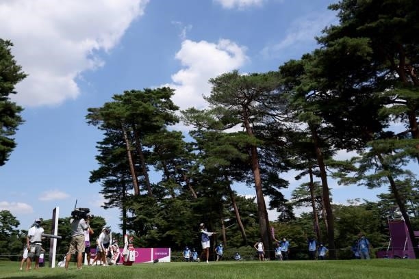 Aditi Ashok of Team India plays her shot from the 18th tee during the third round of the Women's Individual Stroke Play on day fourteen of the Tokyo...