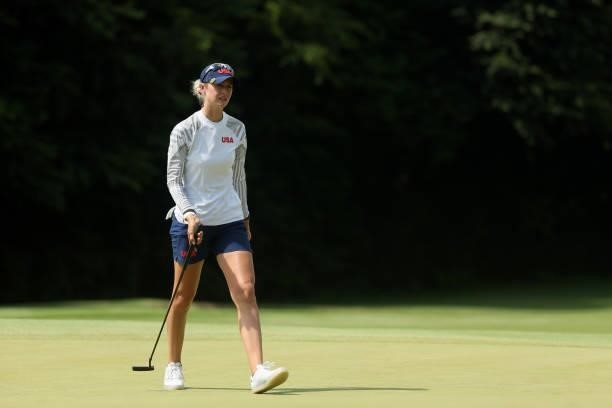 Nelly Korda of Team United States walks off the 17th green during the third round of the Women's Individual Stroke Play on day fourteen of the Tokyo...