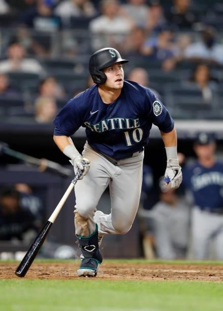 Jarred Kelenic of the Seattle Mariners follows through on his seventh inning home run against the New York Yankees at Yankee Stadium on August 05,...