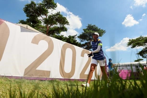 Aditi Ashok of Team India walks off the 18th green during the third round of the Women's Individual Stroke Play on day fourteen of the Tokyo 2020...
