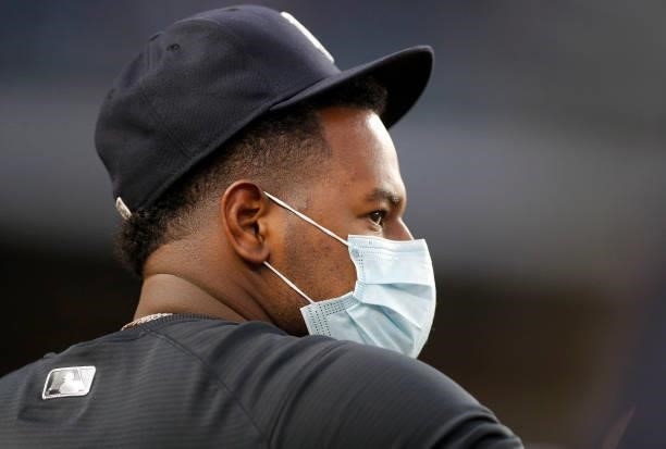 Luis Severino of the New York Yankees looks on against the Seattle Mariners at Yankee Stadium on August 05, 2021 in New York City. The Yankees...
