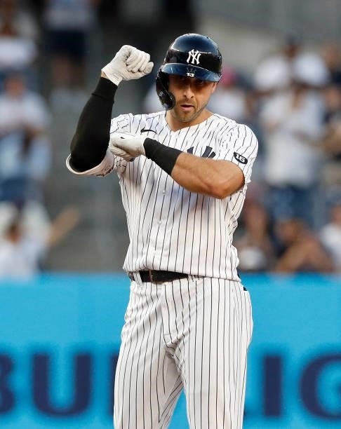 Joey Gallo of the New York Yankees reacts at second base after his double in the second inning against the Seattle Mariners at Yankee Stadium on...