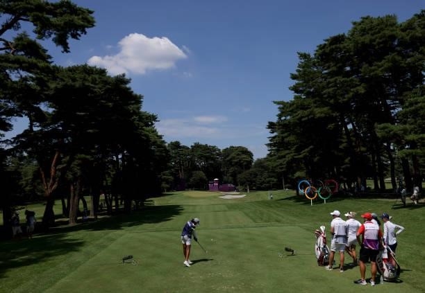 Aditi Ashok of Team India plays her shot from the 16th tee during the third round of the Women's Individual Stroke Play on day fourteen of the Tokyo...