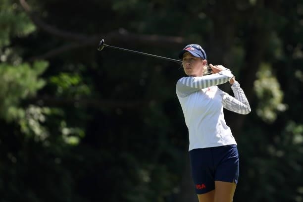 Nelly Korda of Team United States plays her second shot on the 14th hole during the third round of the Women's Individual Stroke Play on day fourteen...