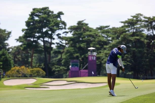 Aditi Ashok of Team India plays her second shot on the 12th hole during the third round of the Women's Individual Stroke Play on day fourteen of the...