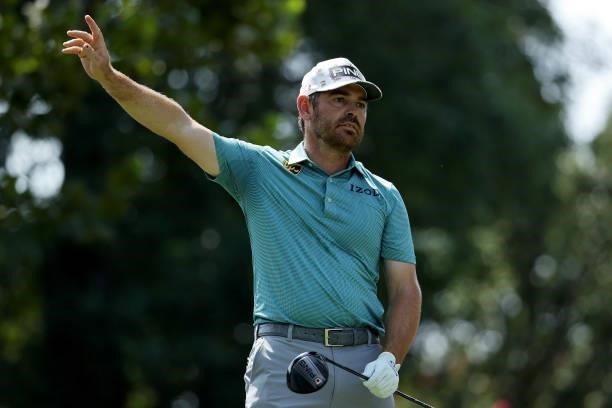 Louis Oosthuizen of South Africa reacts to hit shot from the 16th tee during the first round of the FedEx St. Jude Invitational at TPC Southwind on...
