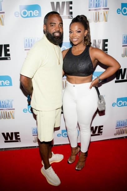 Todd Tucker and Kandi Burruss attend the 'Brat Loves Judy' We TV watch party at Views Bar and Grill Atlanta on August 05, 2021 in Atlanta, Georgia.