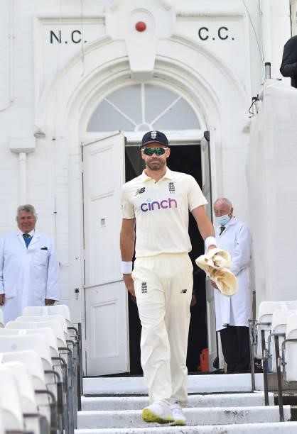 James Anderson of England makes his way to the outfield during day three of the First Test Match between England and India at Trent Bridge on August...