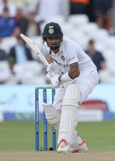 Kannaur Rahul of India hits out during day three of the First LV= Insurance test match between England and India at Trent Bridge on August 05, 2021...