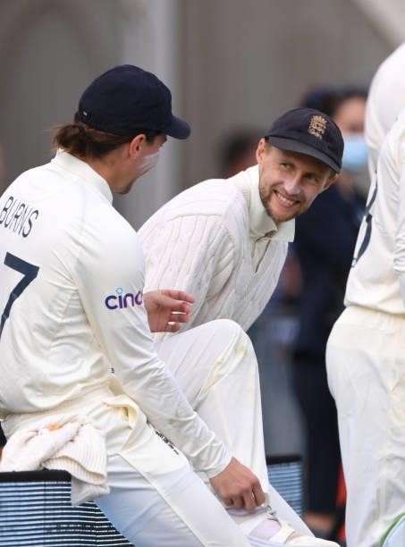 England captain Joe Root shares a joke with Rory Burns during day three of the First Test Match between England and India at Trent Bridge on August...