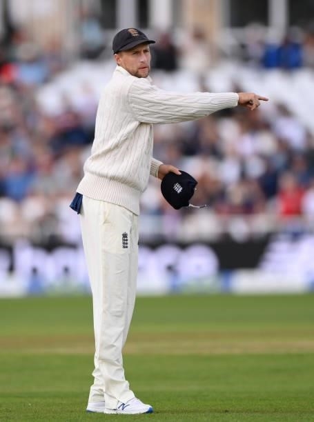 England captain Joe Root sets his field during day three of the First Test Match between England and India at Trent Bridge on August 06, 2021 in...