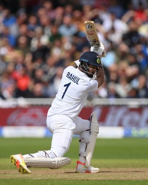 India batsmen KL Rahul drives to the boundary during day three of the First Test Match between England and India at Trent Bridge on August 06, 2021...
