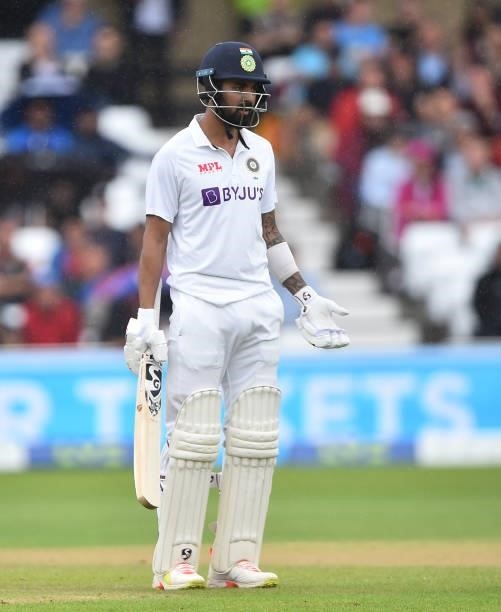 Rahul has words with umpire Michael Gough as rain falls but play continues during day three of the First Test Match between England and India at...